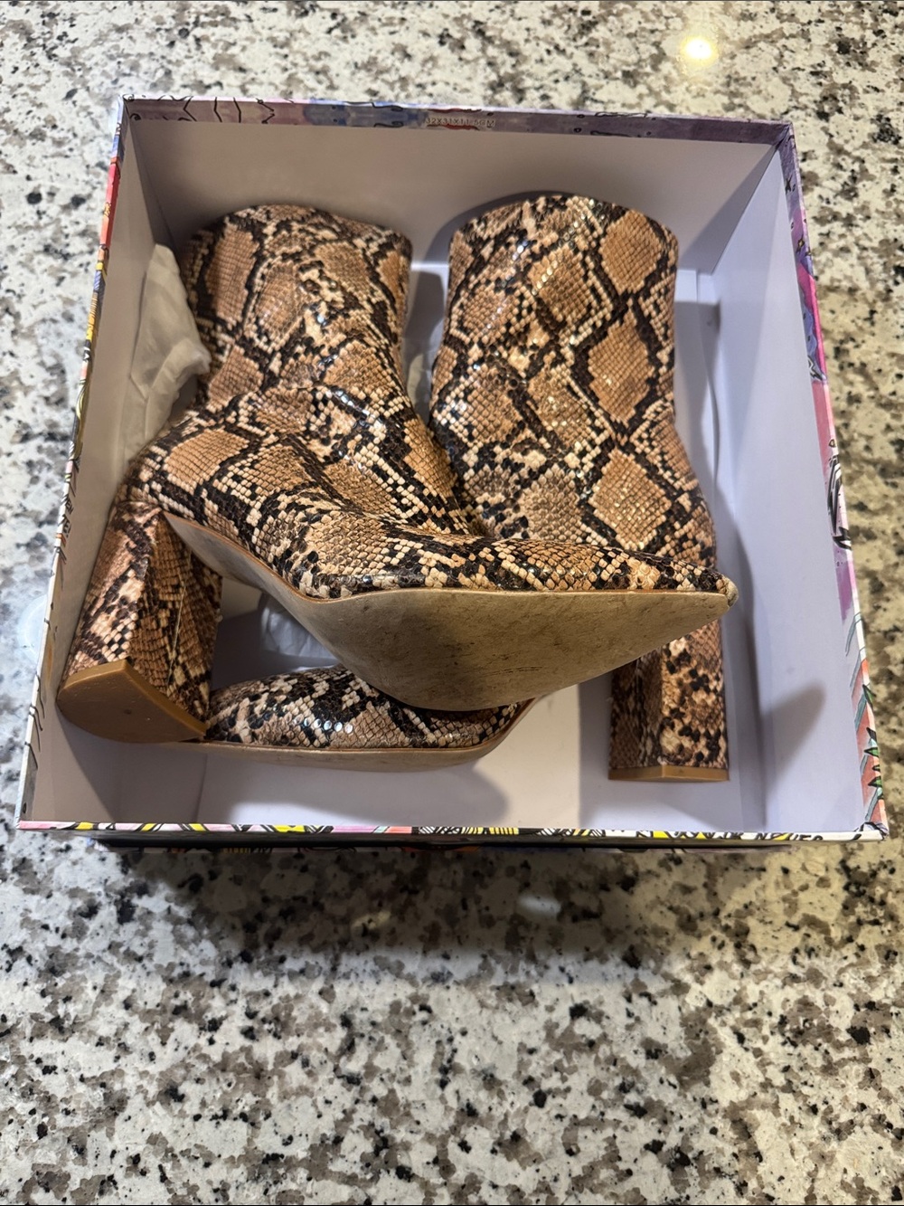 Jeffrey Campbell SIREN-3 Beige Snakeskin Print Block Heel Booties